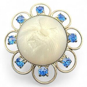 Vintage Moonglow Style Brooch Blue Rhinestones Silver Tone 1.5" Round Mod Pin